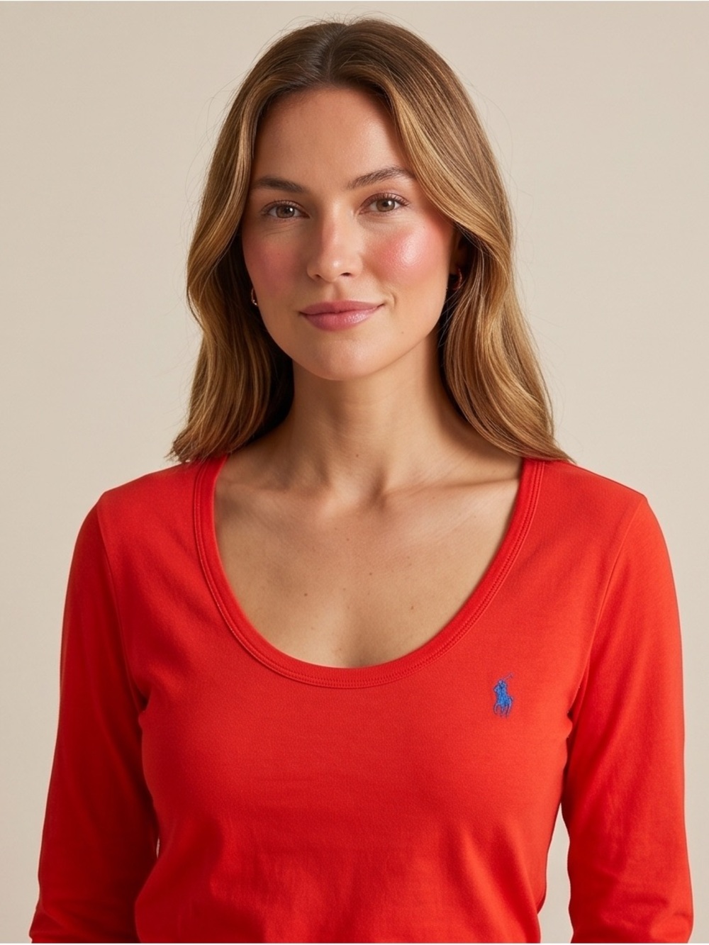 Ralph Lauren Women's Bright Red Scoop Neck Long Sleeve Tee